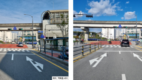 2. 횡단보도와 차량정지선 이격거리를 5m로 확대한 처인구 역북동 491번지의 모습. 사진은 이격거리 확대 전(좌)과.png